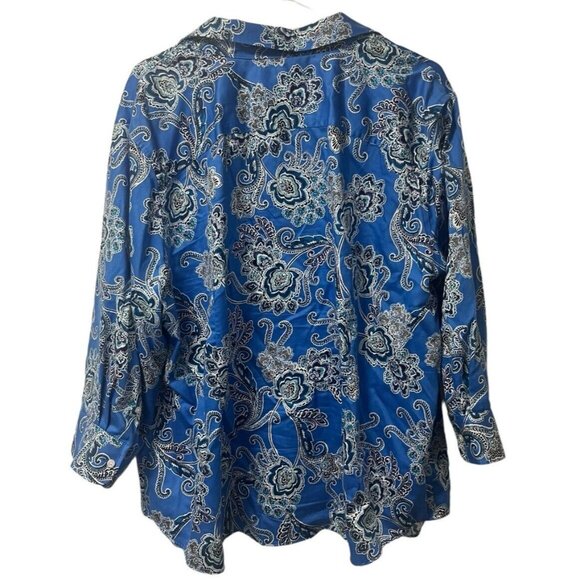 Chaps Womens  Blue Paisley Floral No Iron Button Up Shirt 2X Roll Sleeve Classic - Picture 2 of 9